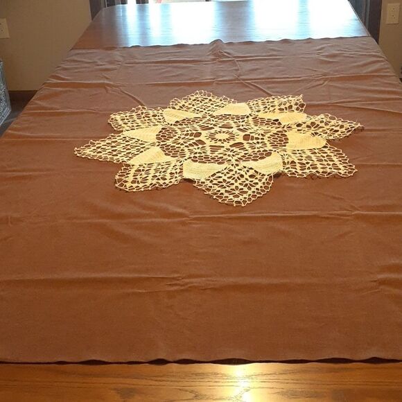 2 pc bundle of brown 68" X 50" oblong tablecloth with crocheted star mat/doily - Picture 1 of 6